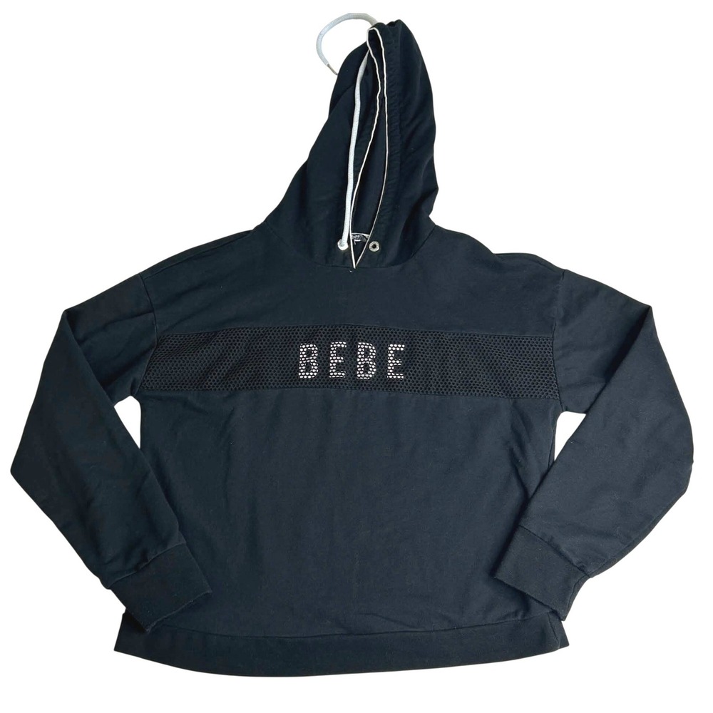 Bebe Sport Y2K Womens Black Mesh Logo Hoodie Sweatshirt Large Pullover